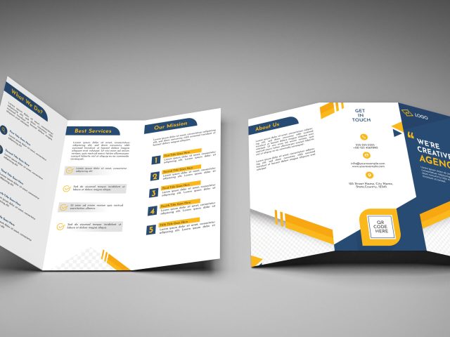Top View Of Realistic Tri-Fold Brochure Template With Double-Side Against Gray Background.